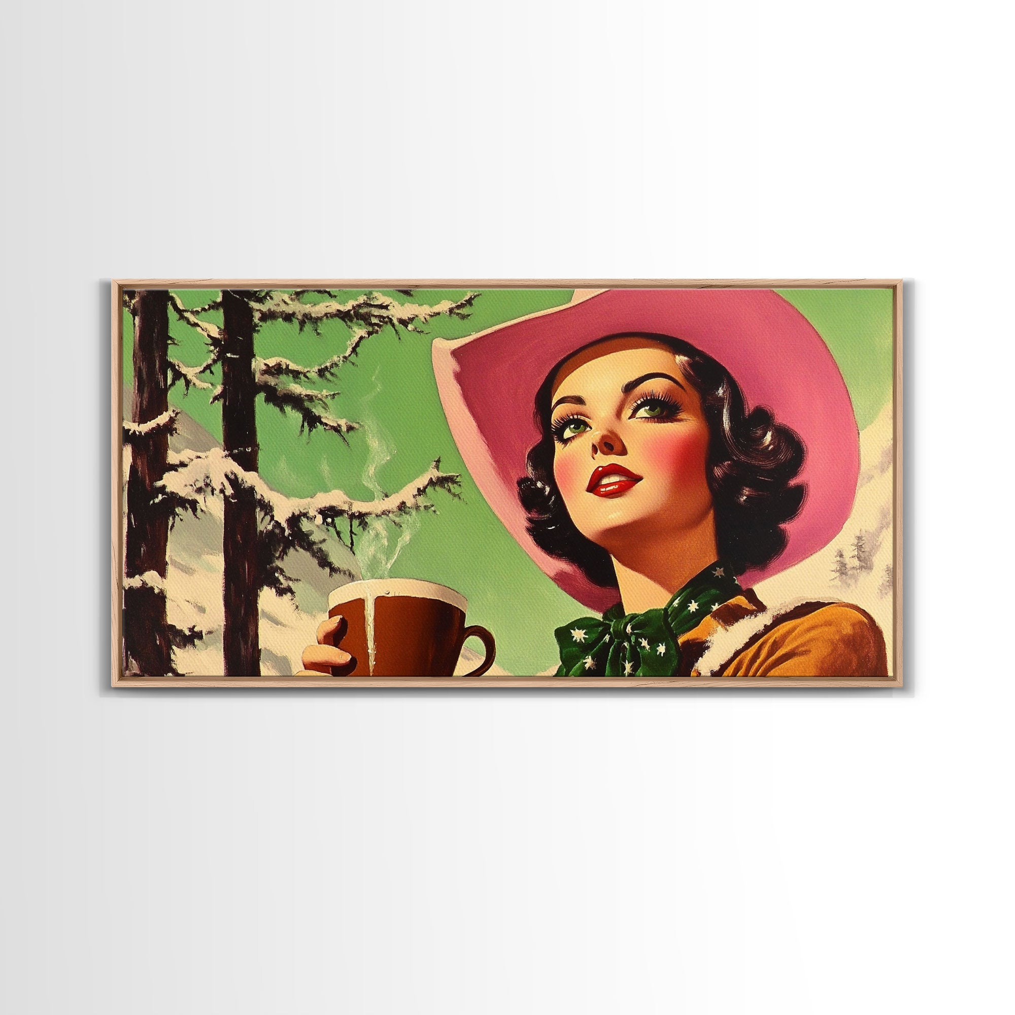Retro Cowgirl Having A Cup Of Coffee, Framed Canvas Print