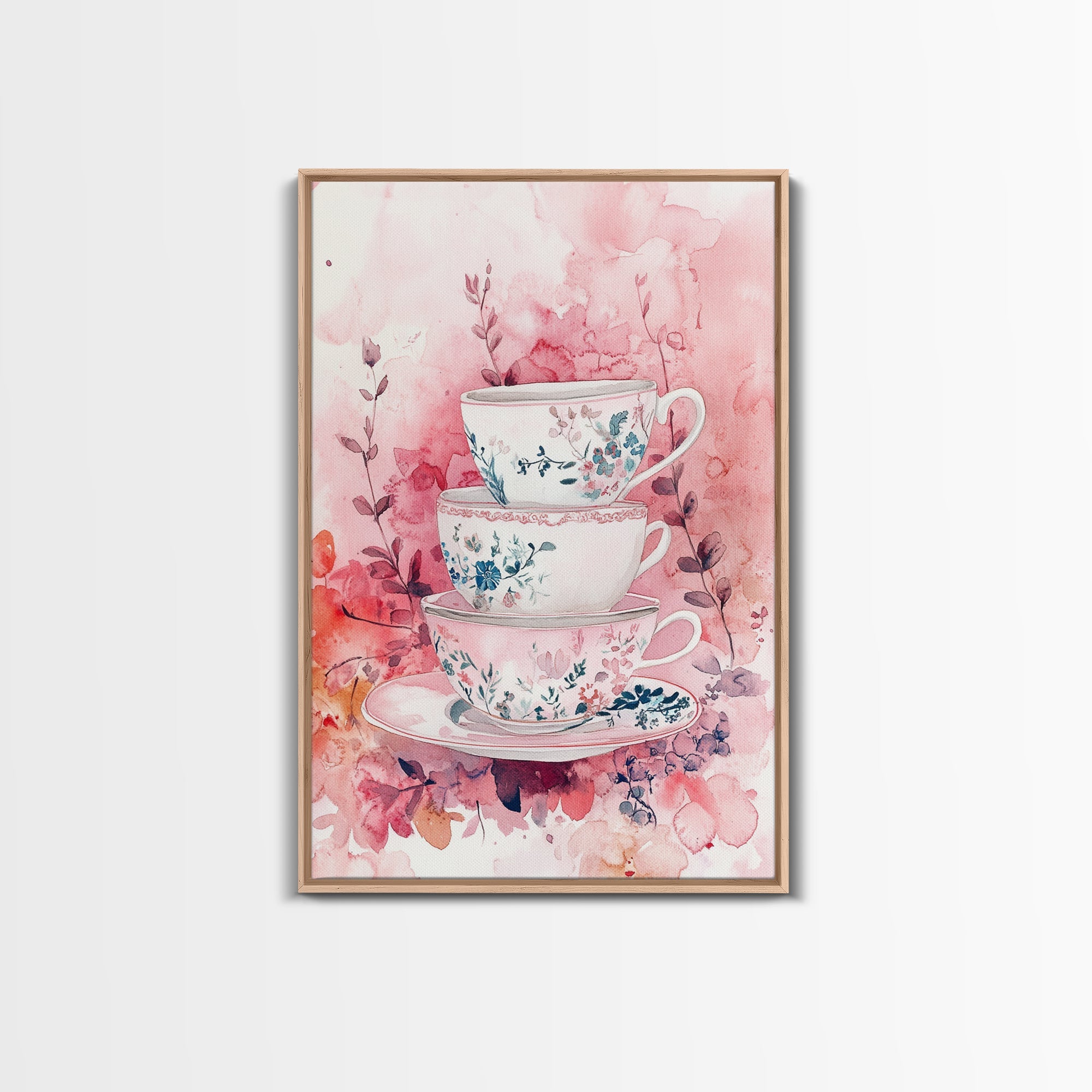 Vintage Floral Teacups Framed Canvas Print