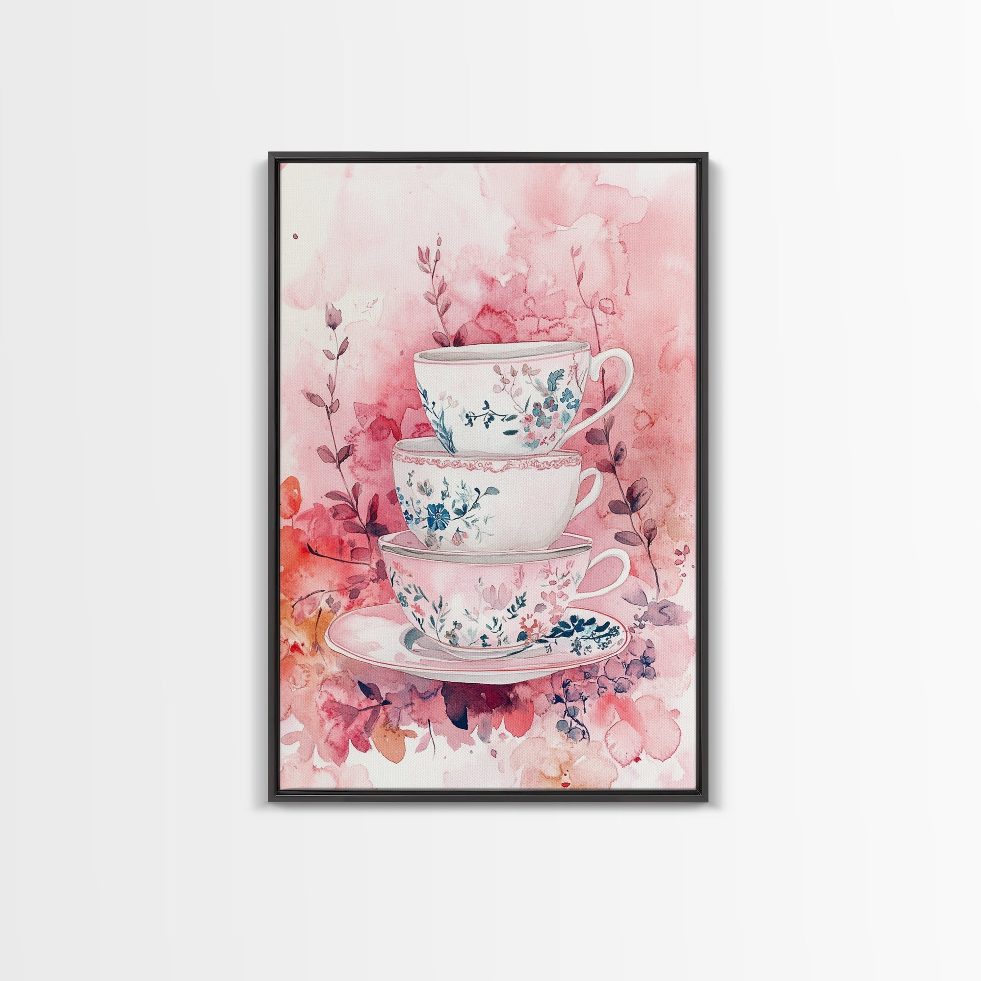 Vintage Floral Teacups Framed Canvas Print