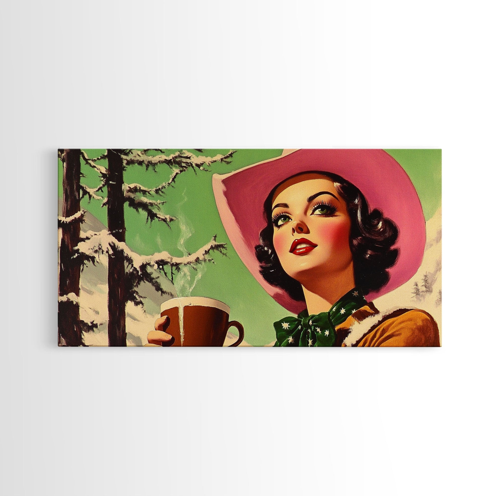 Retro Cowgirl Having A Cup Of Coffee, Framed Canvas Print