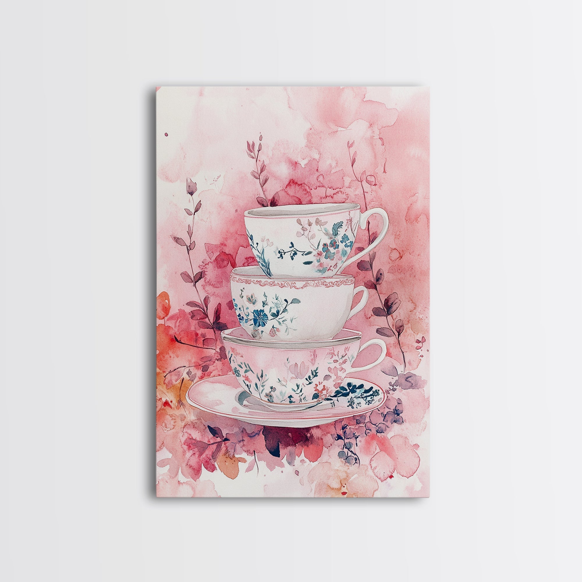 Vintage Floral Teacups Framed Canvas Print