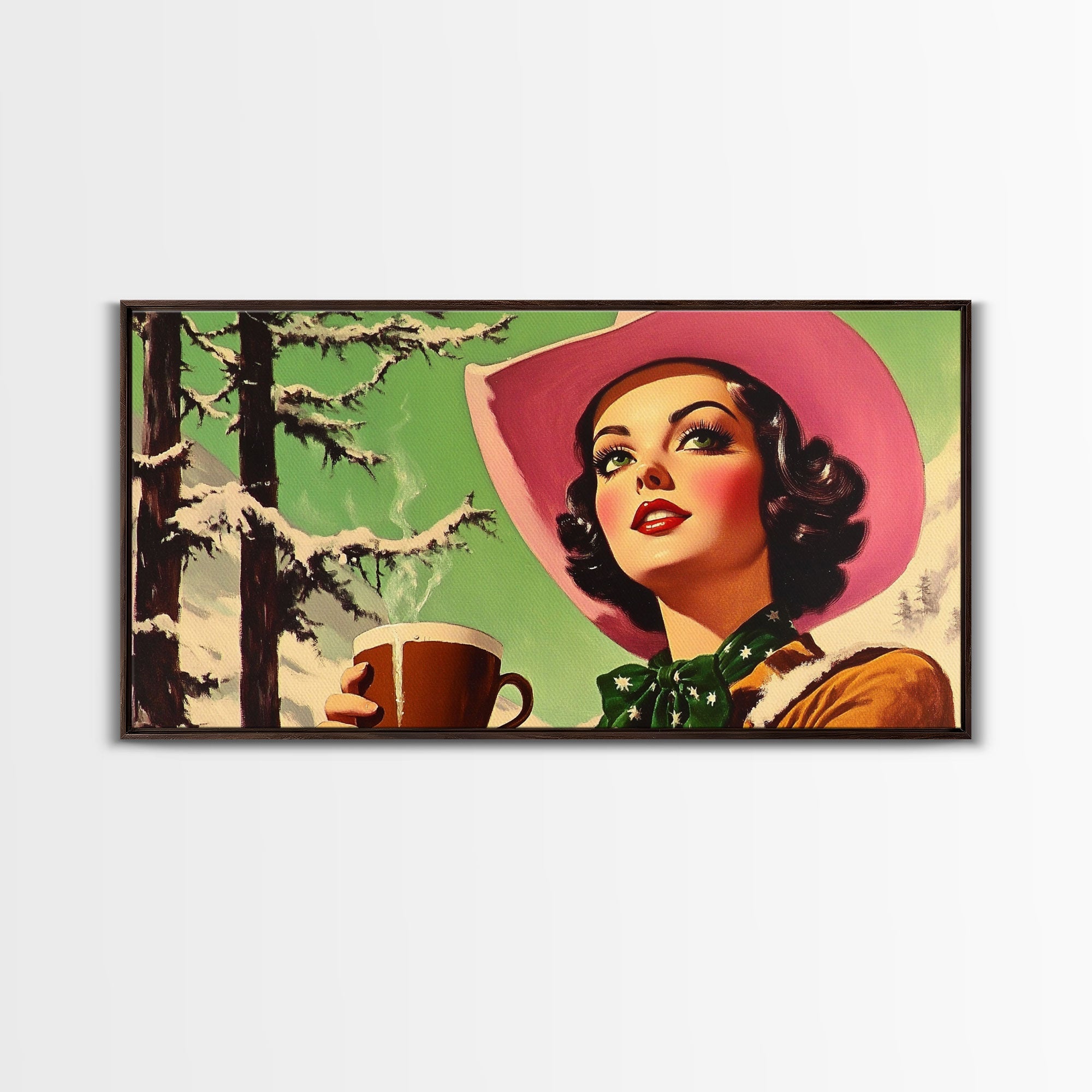 Retro Cowgirl Having A Cup Of Coffee, Framed Canvas Print