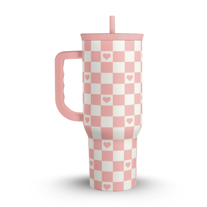 40oz Checkered and Heart Tumbler with Handle and Straw