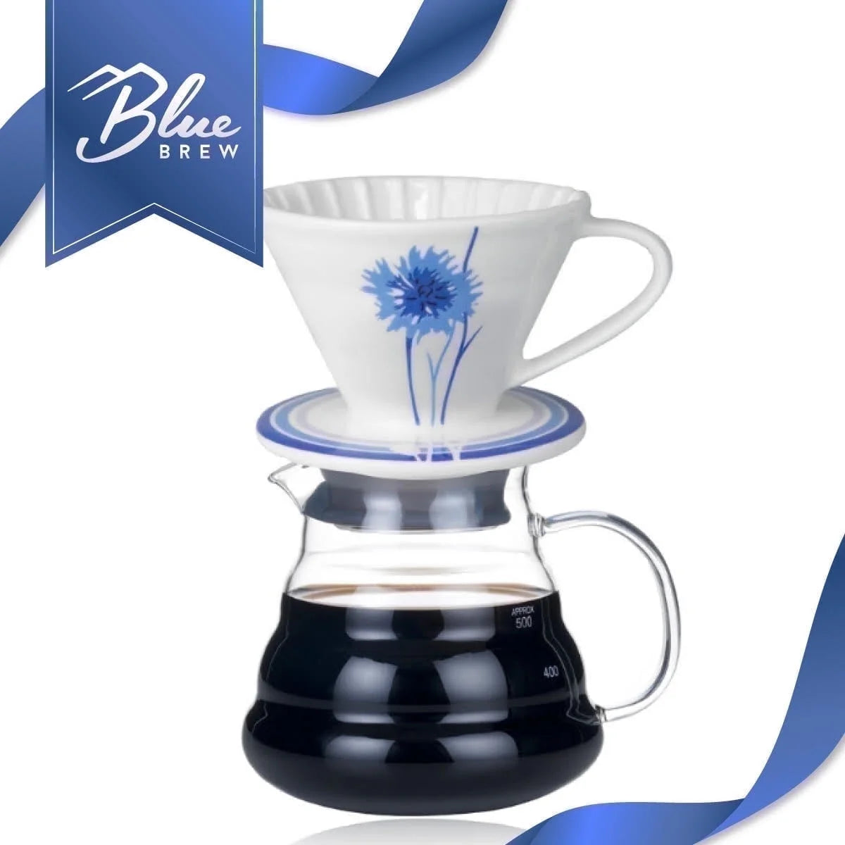 BLUE BREW Ceramic Pour Over Coffee Dripper & Borosilicate Glass Server Set