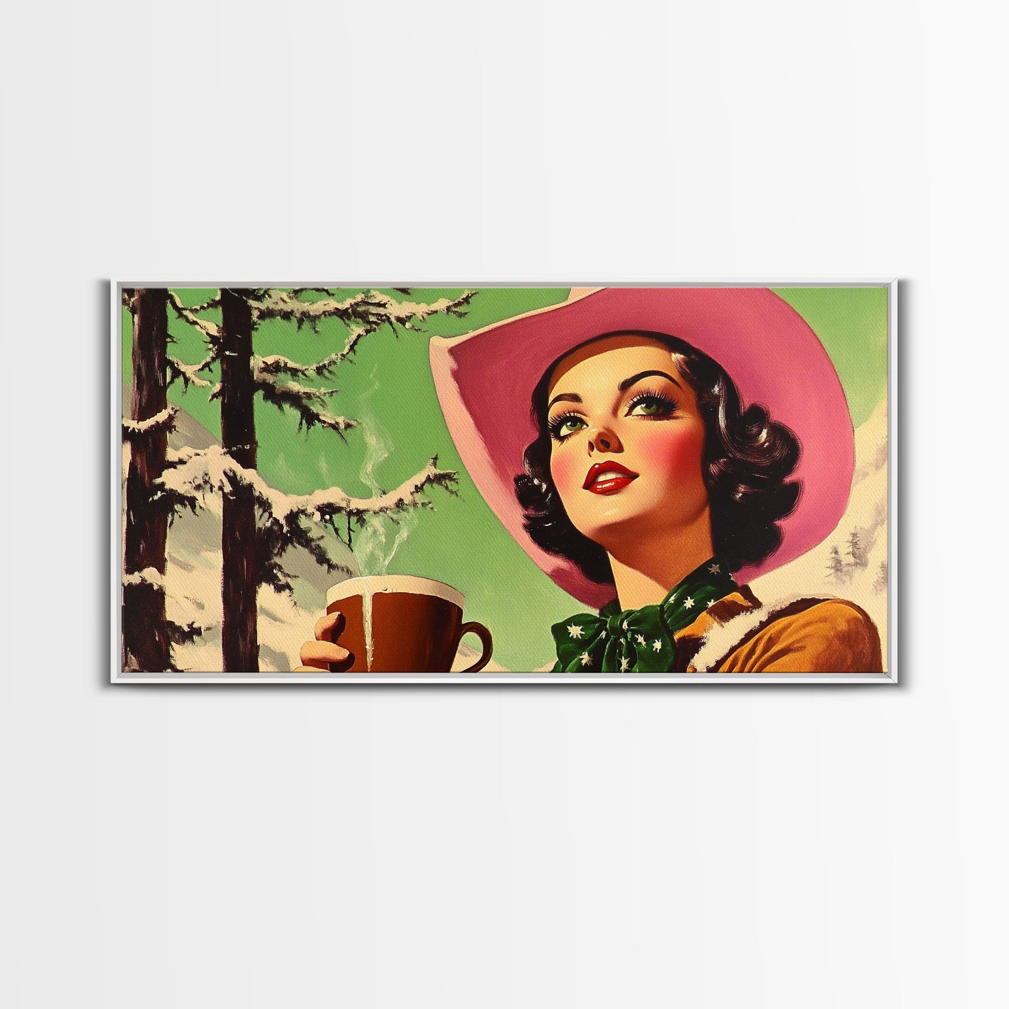 Retro Cowgirl Having A Cup Of Coffee, Framed Canvas Print