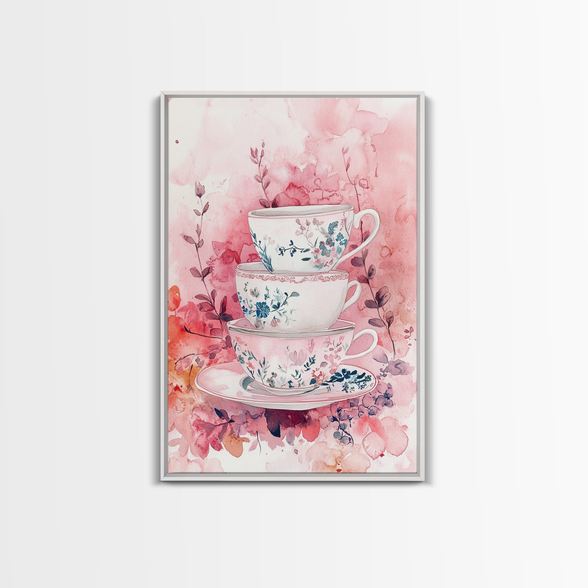 Vintage Floral Teacups Framed Canvas Print