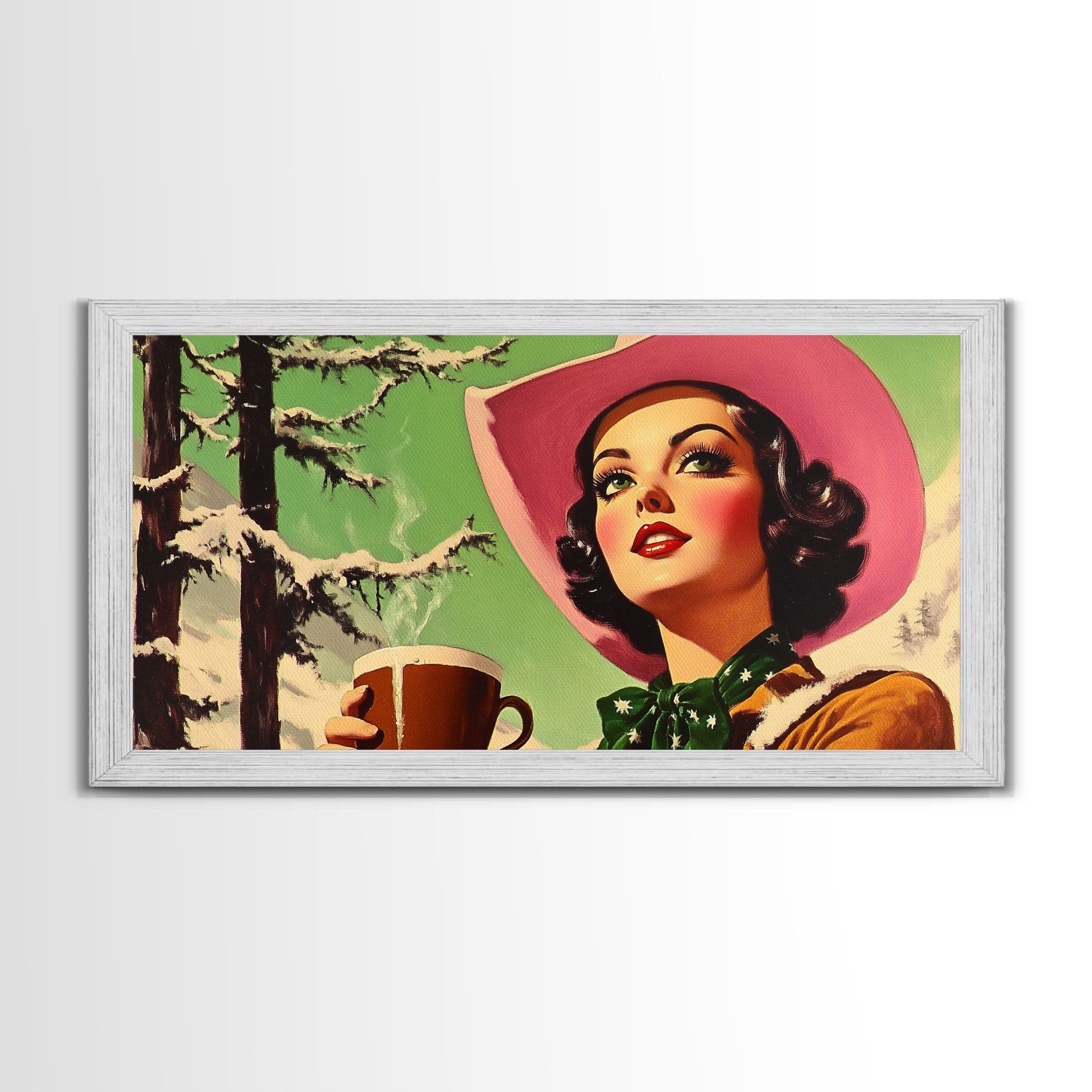 Retro Cowgirl Having A Cup Of Coffee, Framed Canvas Print