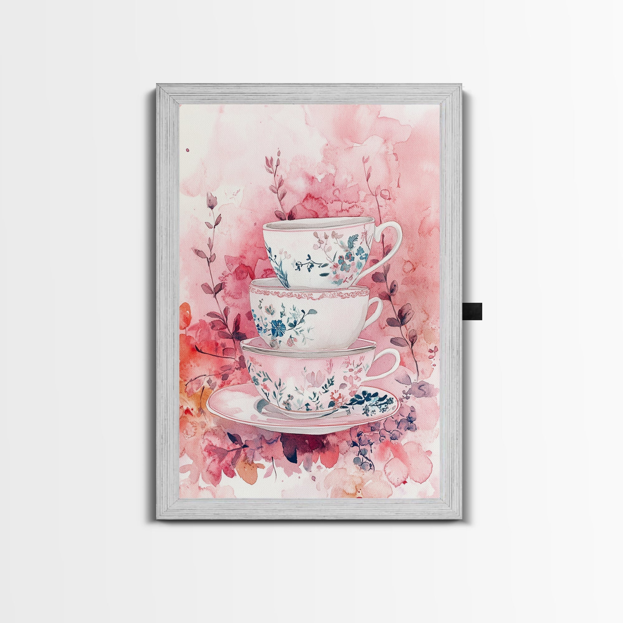 Vintage Floral Teacups Framed Canvas Print