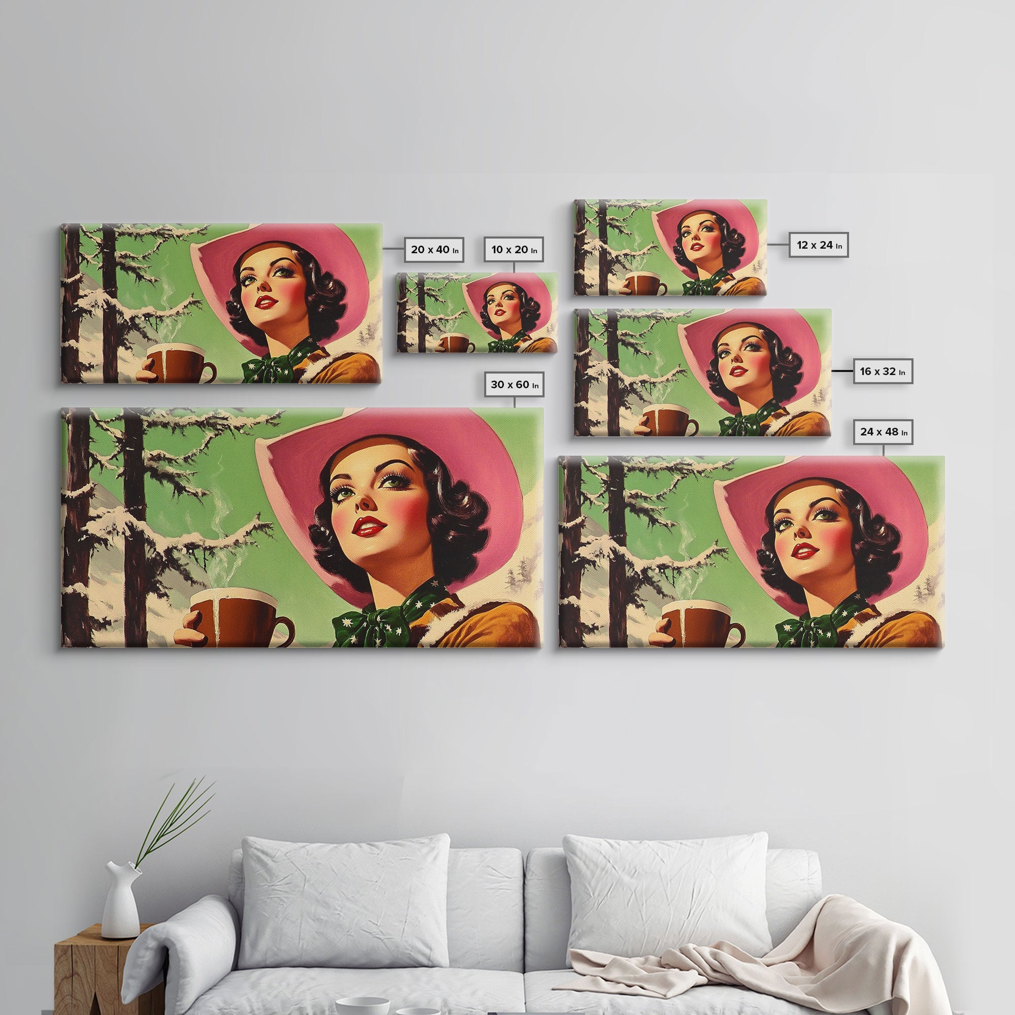 Retro Cowgirl Having A Cup Of Coffee, Framed Canvas Print