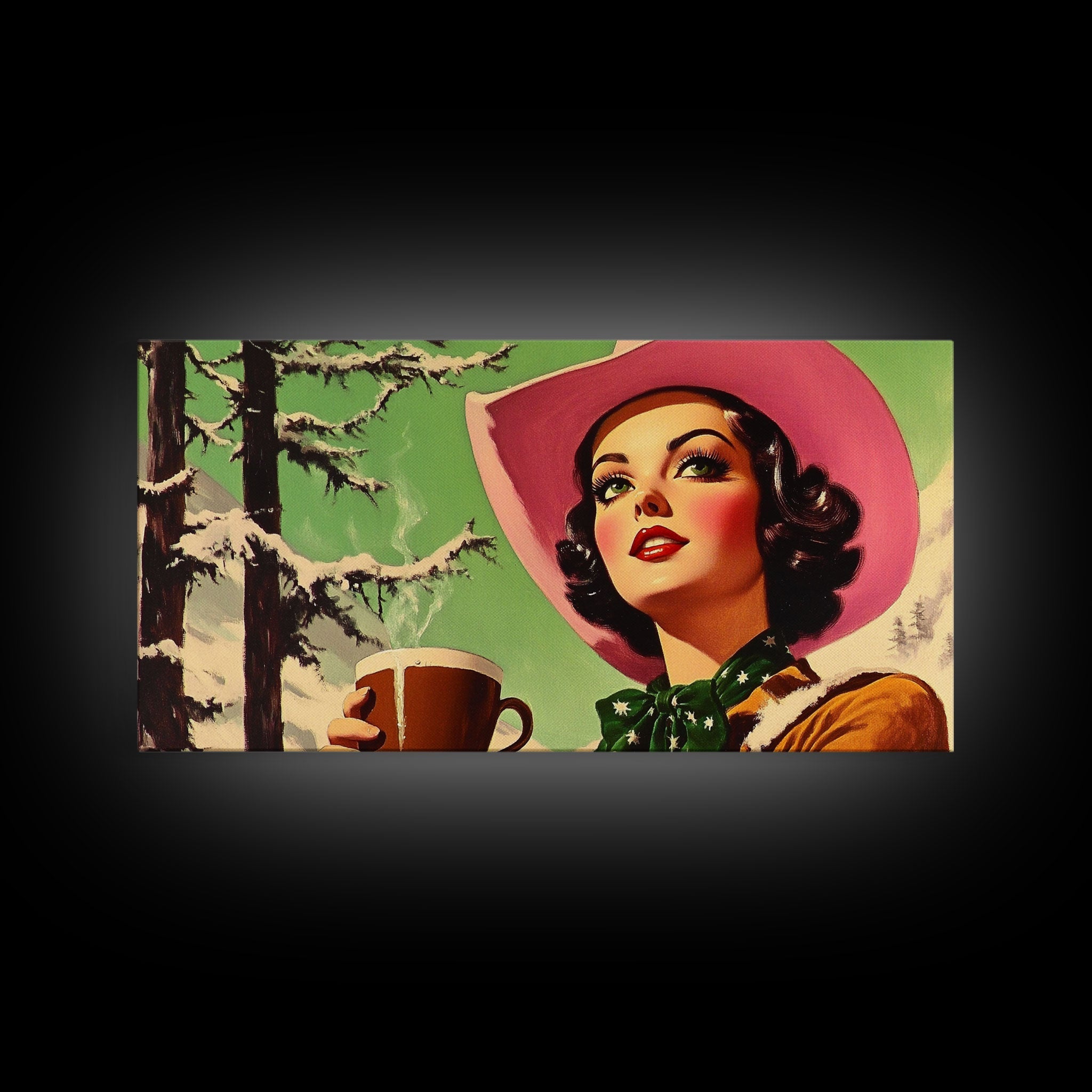 Retro Cowgirl Having A Cup Of Coffee, Framed Canvas Print