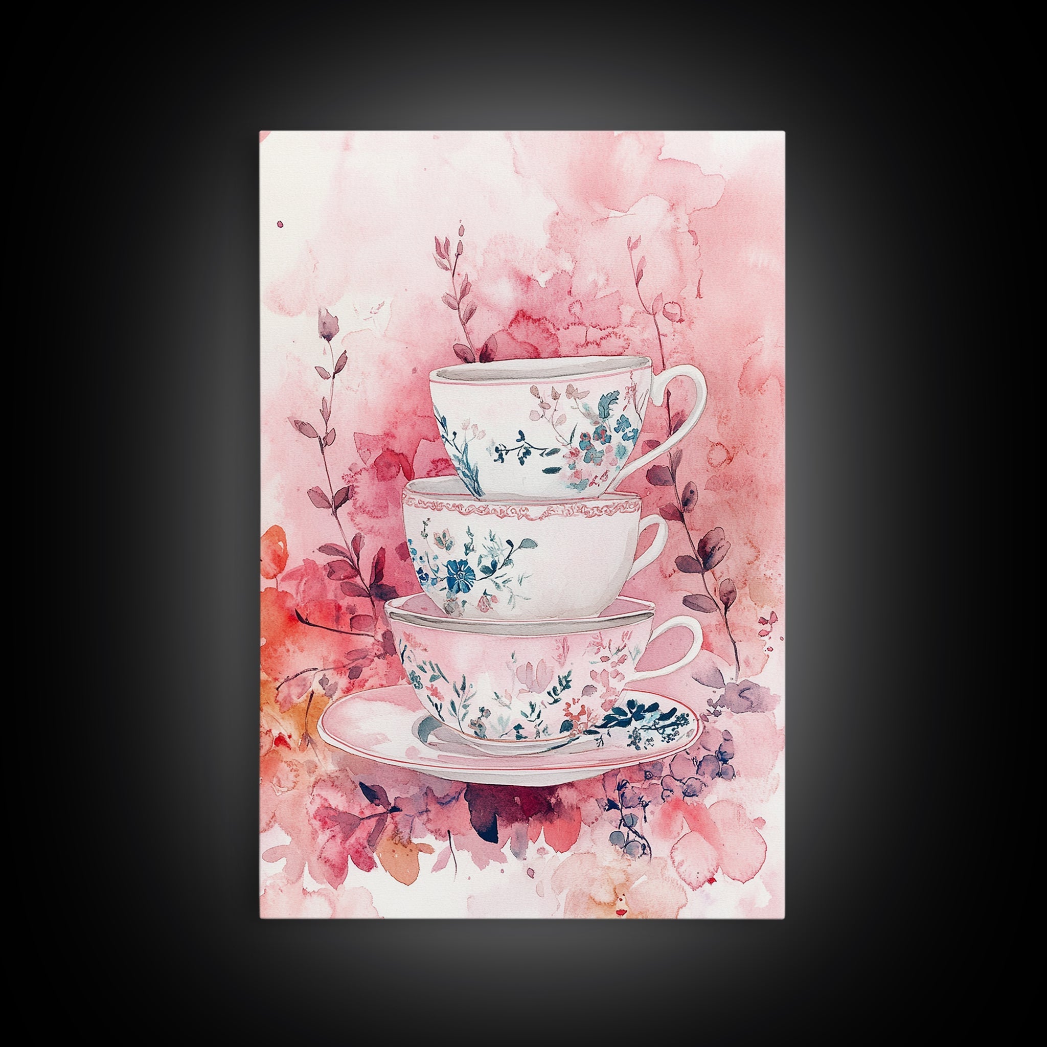 Vintage Floral Teacups Framed Canvas Print