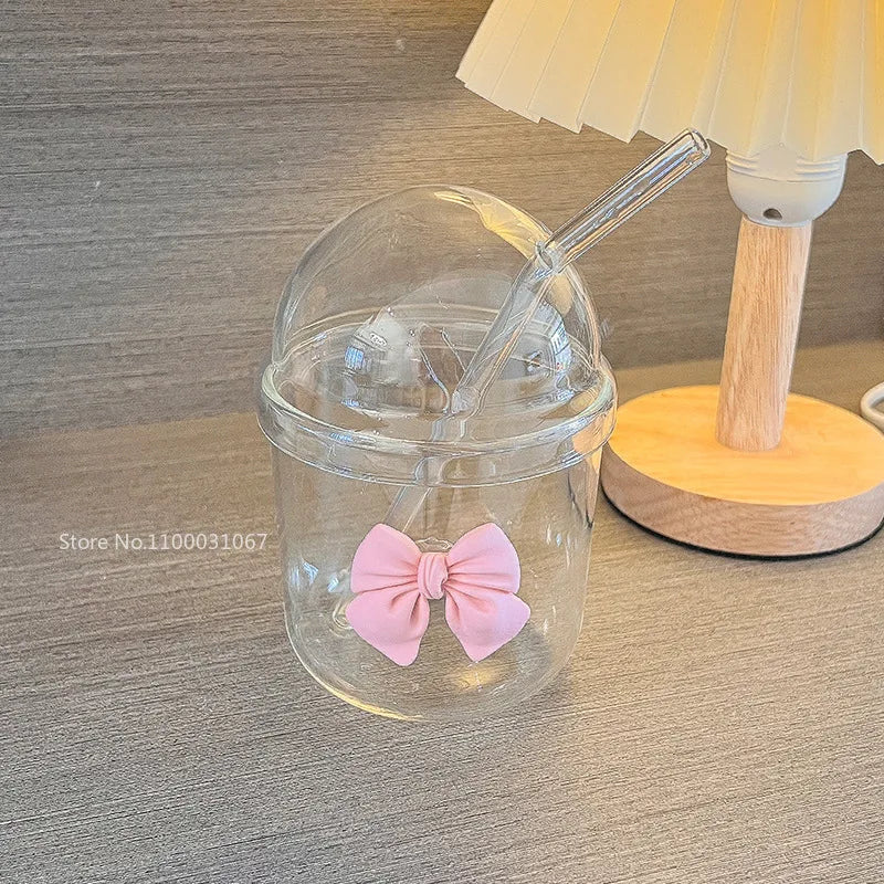 Glass Cup with Lid, Straw, and Pink Bow Tie