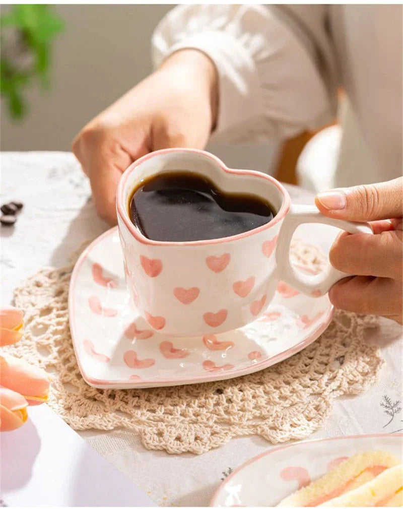 Coffee Cup and Saucer Set with Heart Handle Hand-painted Pink Hearts