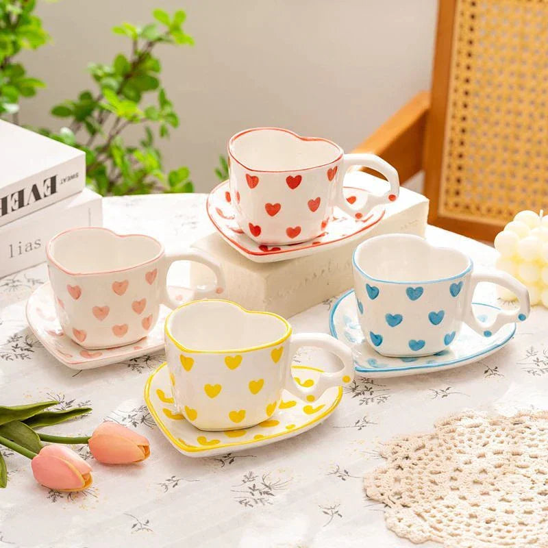 Coffee Cup and Saucer Set with Heart Handle Hand-painted Pink Hearts