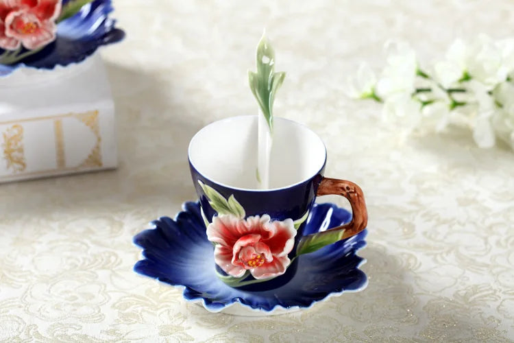 Enamel Rose Peony Floral Coffee Cup