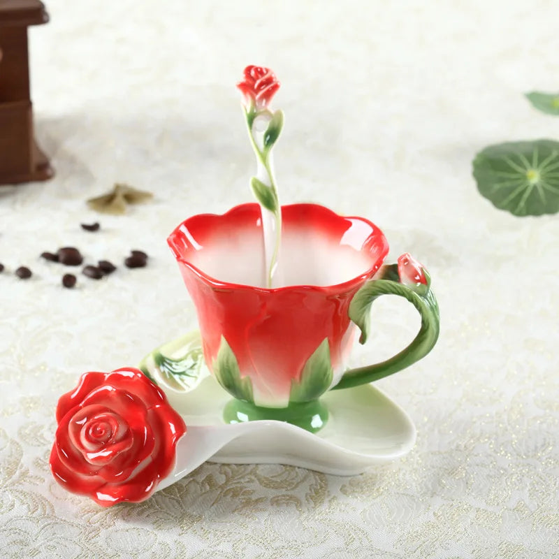 Enamel Rose Peony Floral Coffee Cup