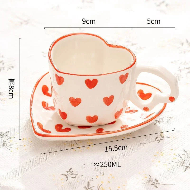 Coffee Cup and Saucer Set with Heart Handle Hand-painted Pink Hearts
