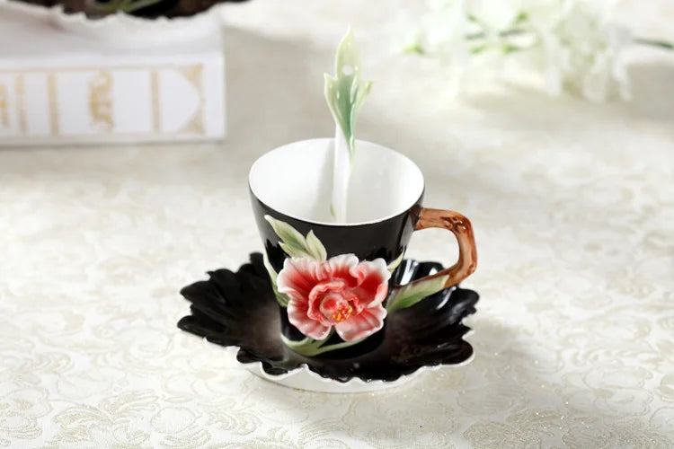 Enamel Rose Peony Floral Coffee Cup