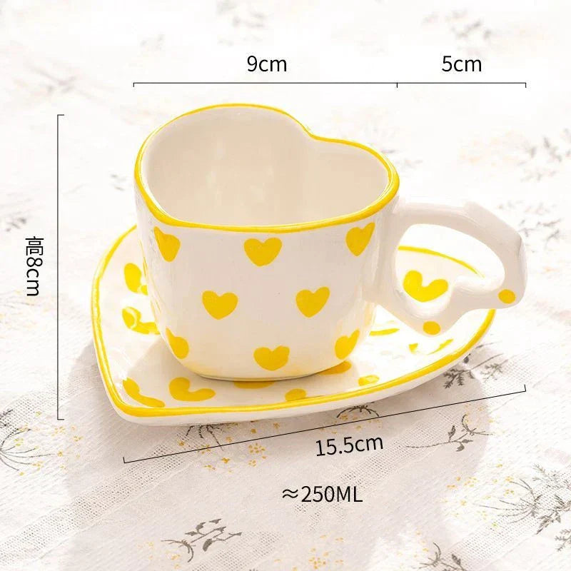 Coffee Cup and Saucer Set with Heart Handle Hand-painted Pink Hearts