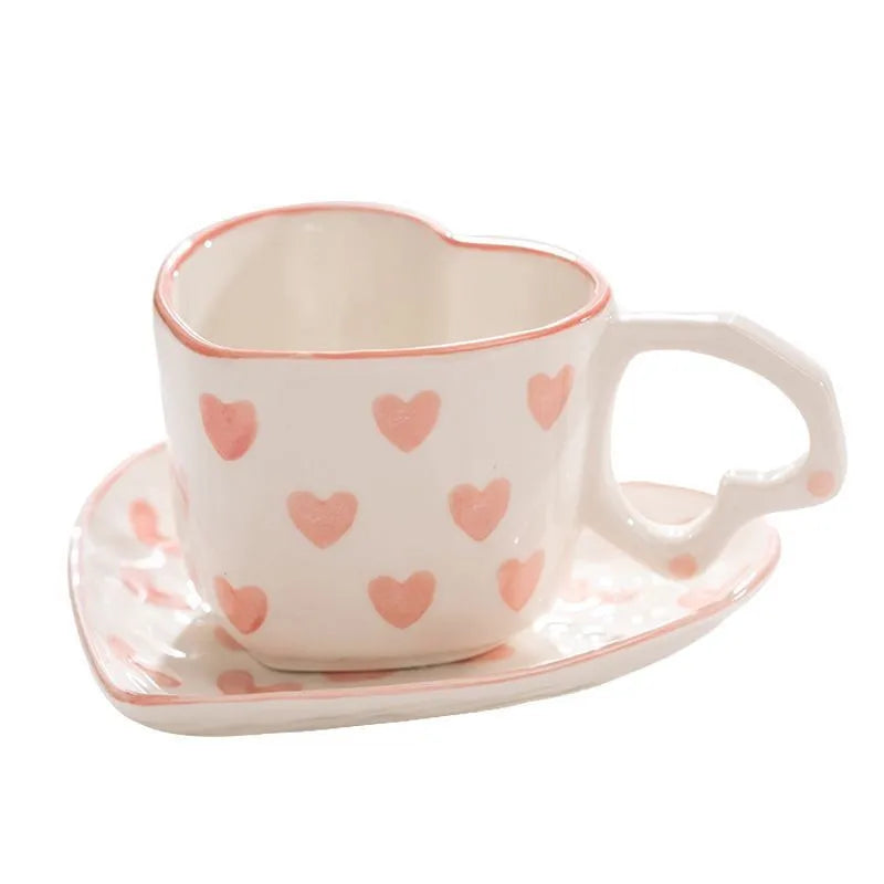 Coffee Cup and Saucer Set with Heart Handle Hand-painted Pink Hearts