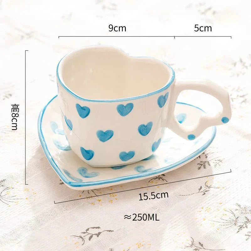 Coffee Cup and Saucer Set with Heart Handle Hand-painted Pink Hearts