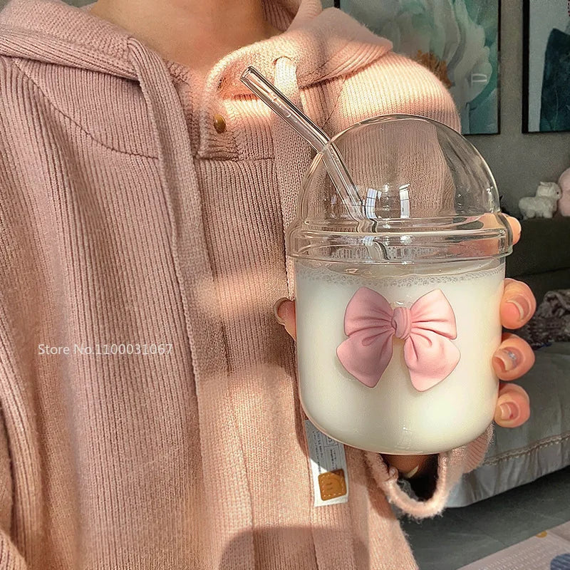 Glass Cup with Lid, Straw, and Pink Bow Tie
