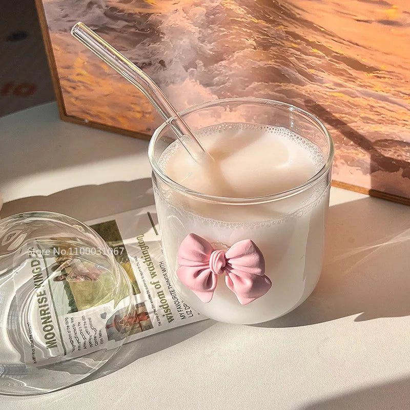 Glass Cup with Lid, Straw, and Pink Bow Tie