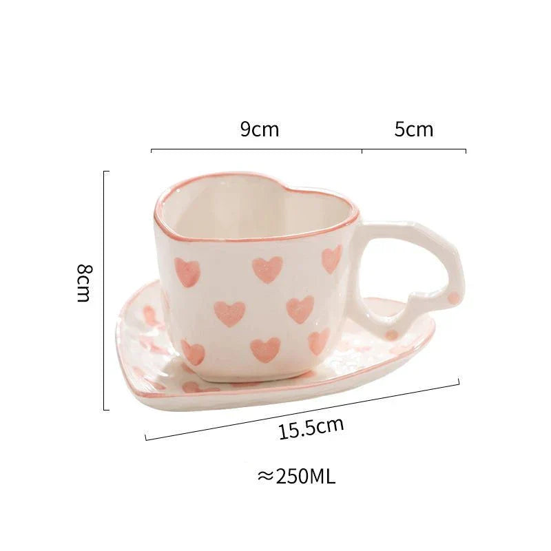 Coffee Cup and Saucer Set with Heart Handle Hand-painted Pink Hearts