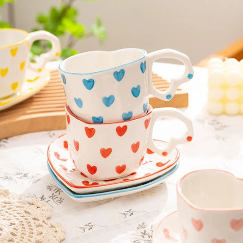 Coffee Cup and Saucer Set with Heart Handle Hand-painted Pink Hearts