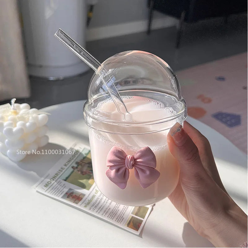 Glass Cup with Lid, Straw, and Pink Bow Tie