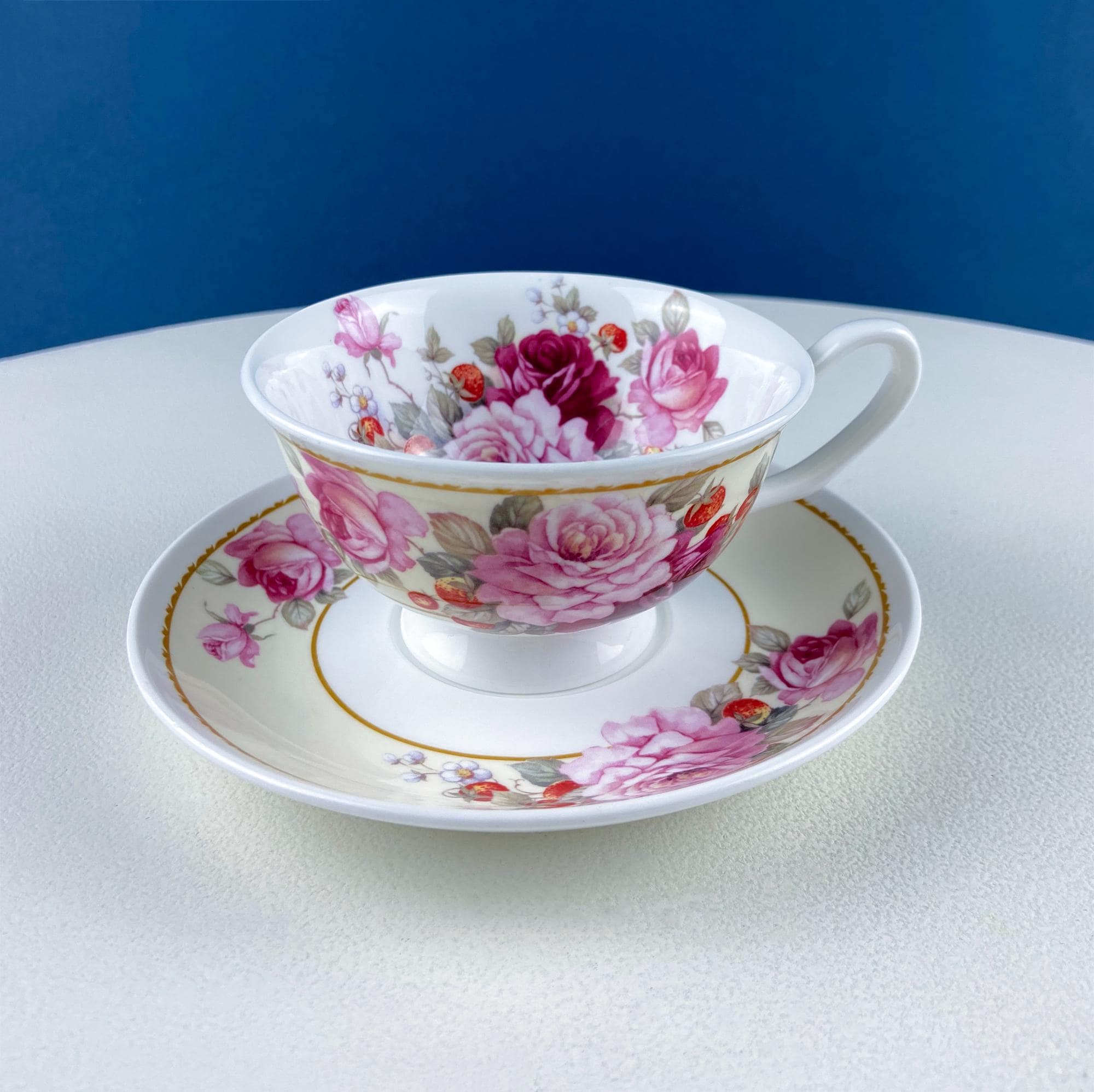 Vintage Stechcol Tea or Coffee Cup and Saucer with Roses and Strawberries Design