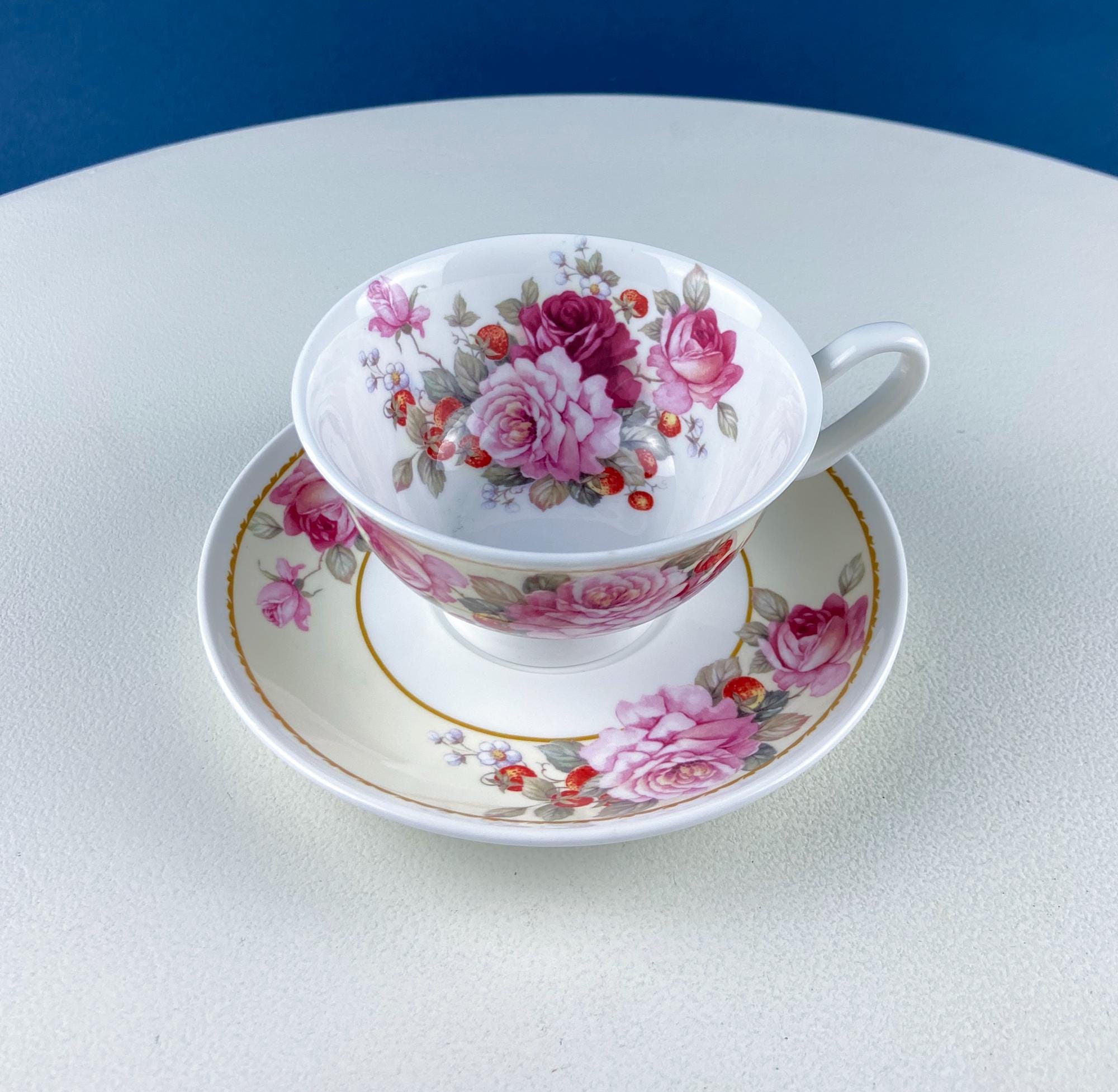 Vintage Stechcol Tea or Coffee Cup and Saucer with Roses and Strawberries Design