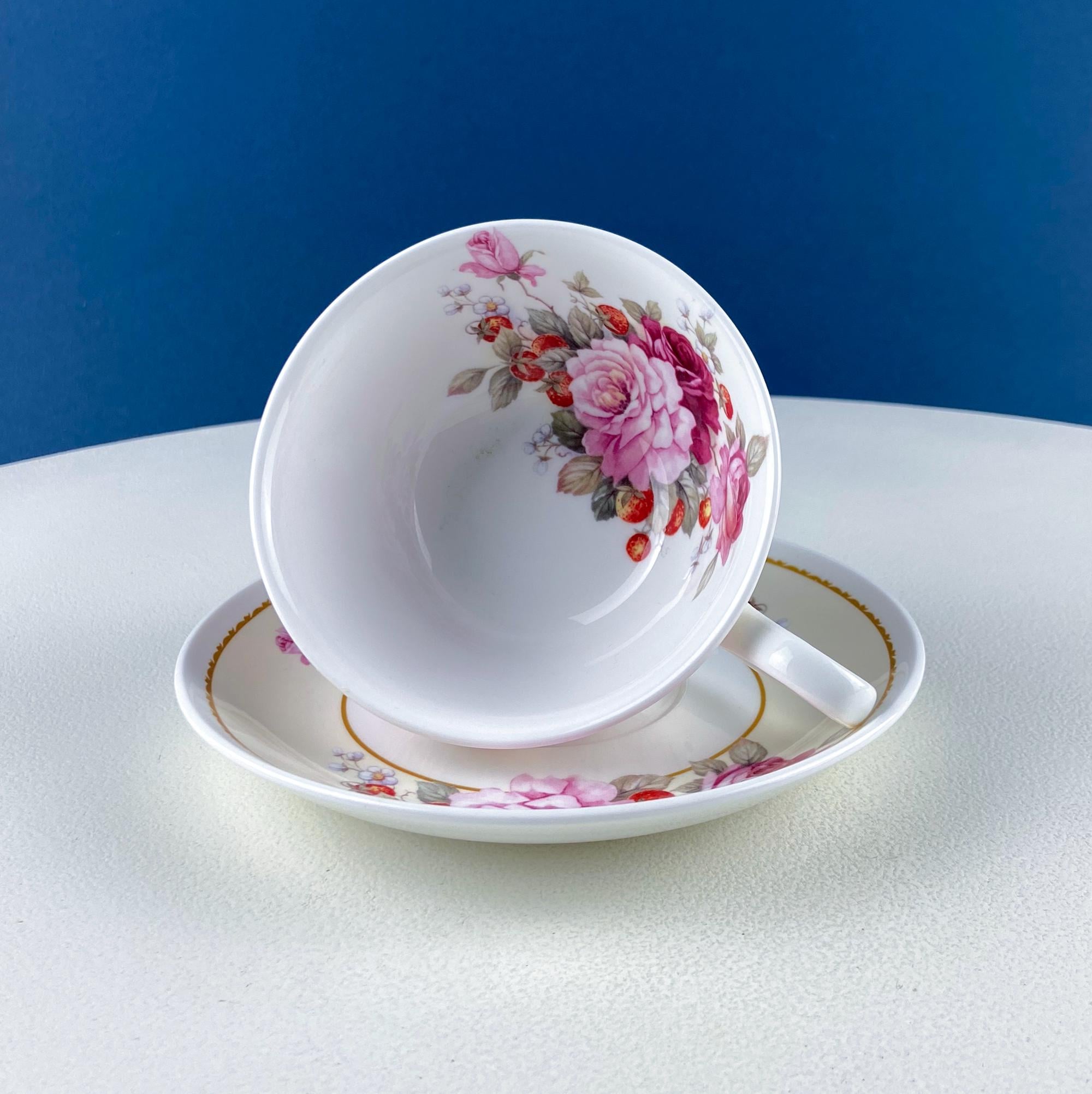 Vintage Stechcol Tea or Coffee Cup and Saucer with Roses and Strawberries Design