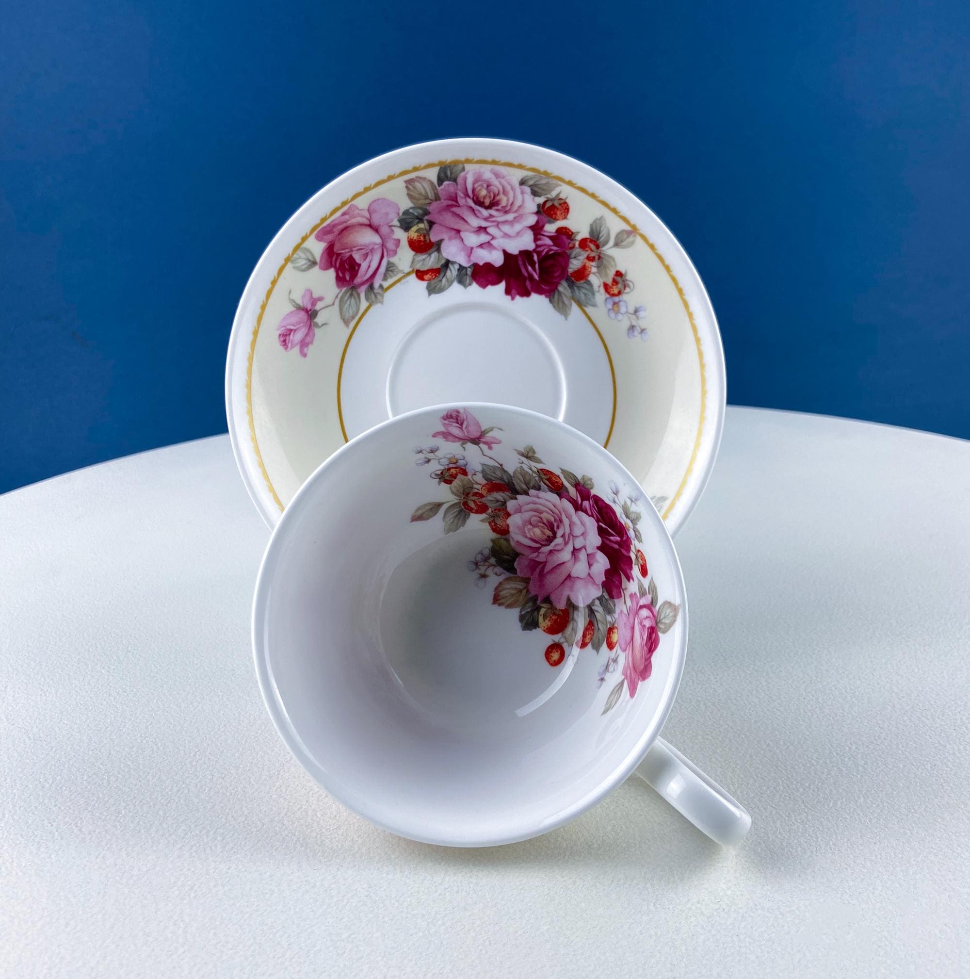 Vintage Stechcol Tea or Coffee Cup and Saucer with Roses and Strawberries Design