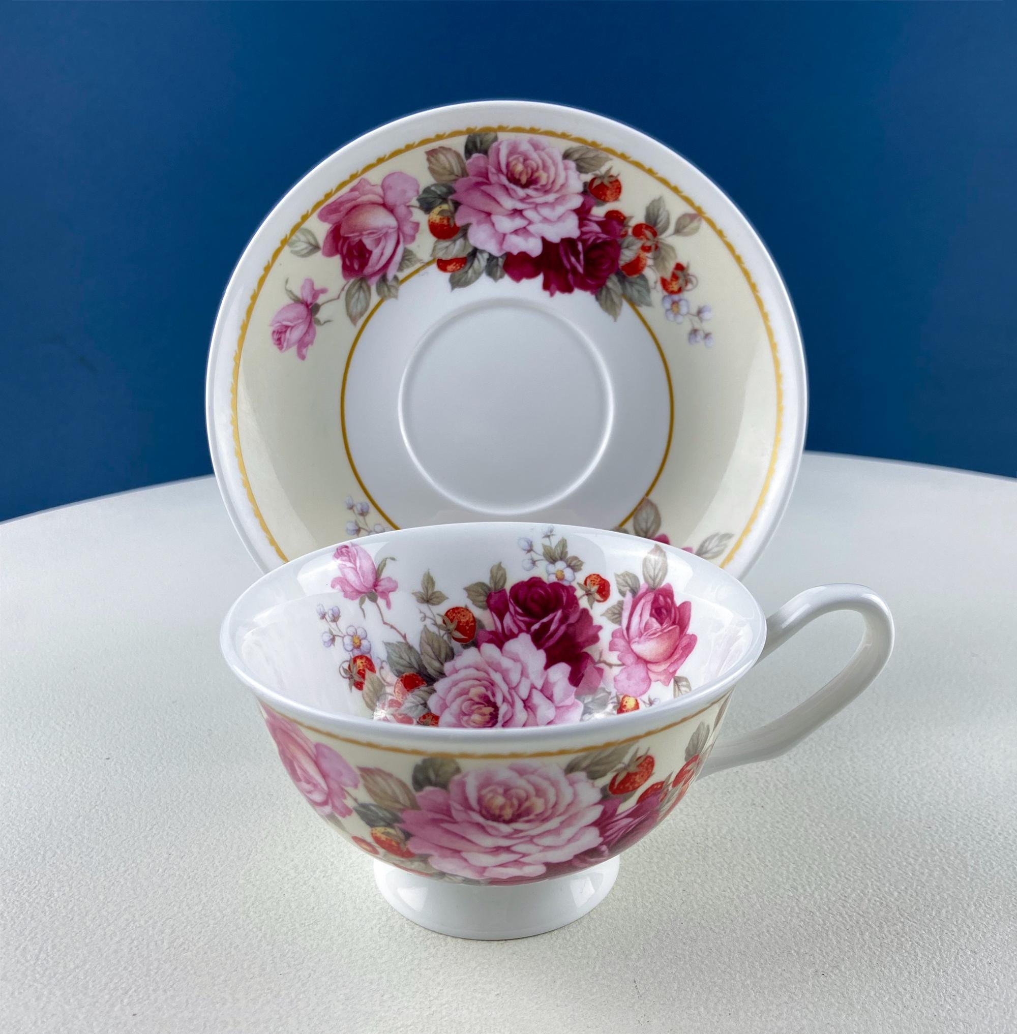 Vintage Stechcol Tea or Coffee Cup and Saucer with Roses and Strawberries Design