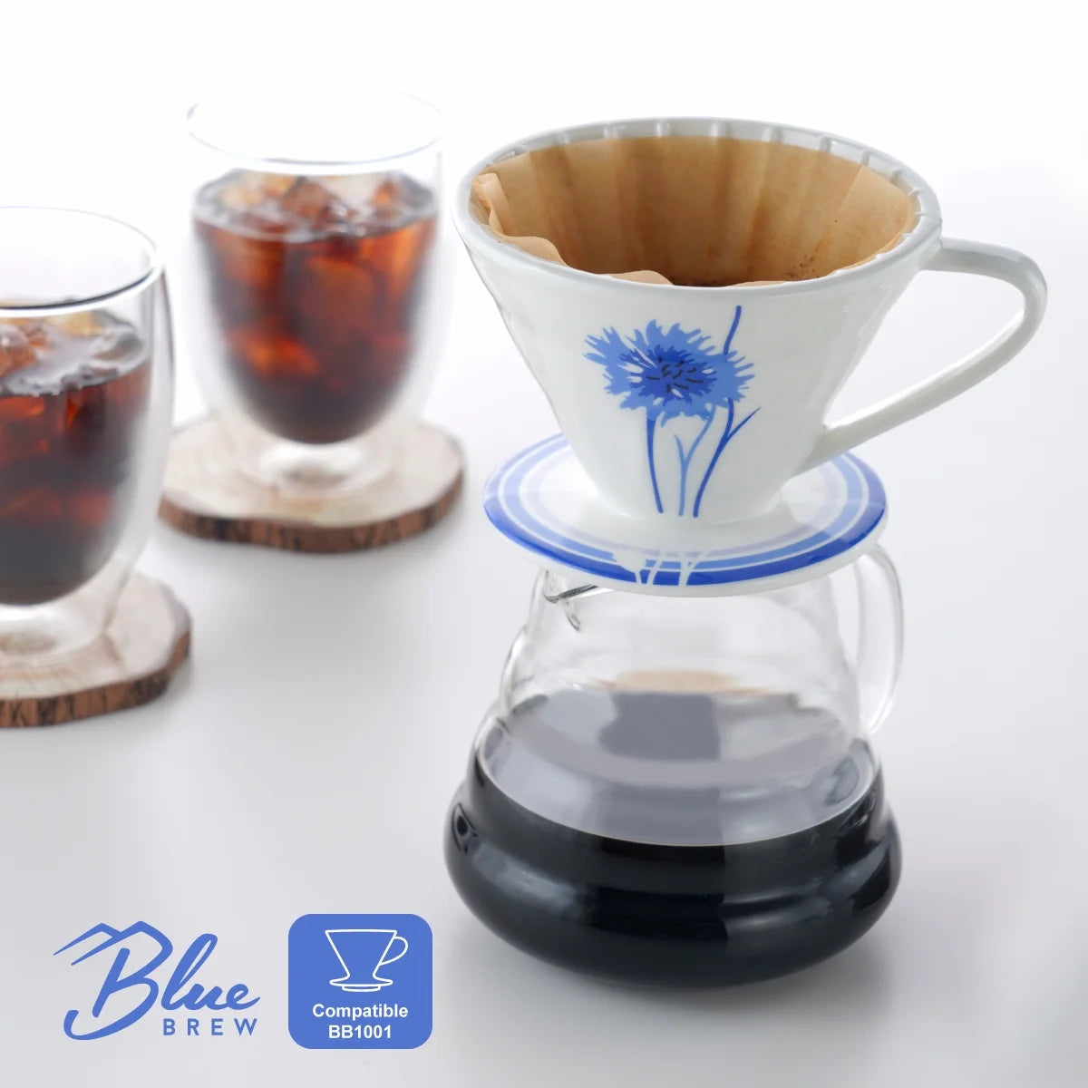 BLUE BREW Ceramic Pour Over Coffee Dripper & Borosilicate Glass Server Set