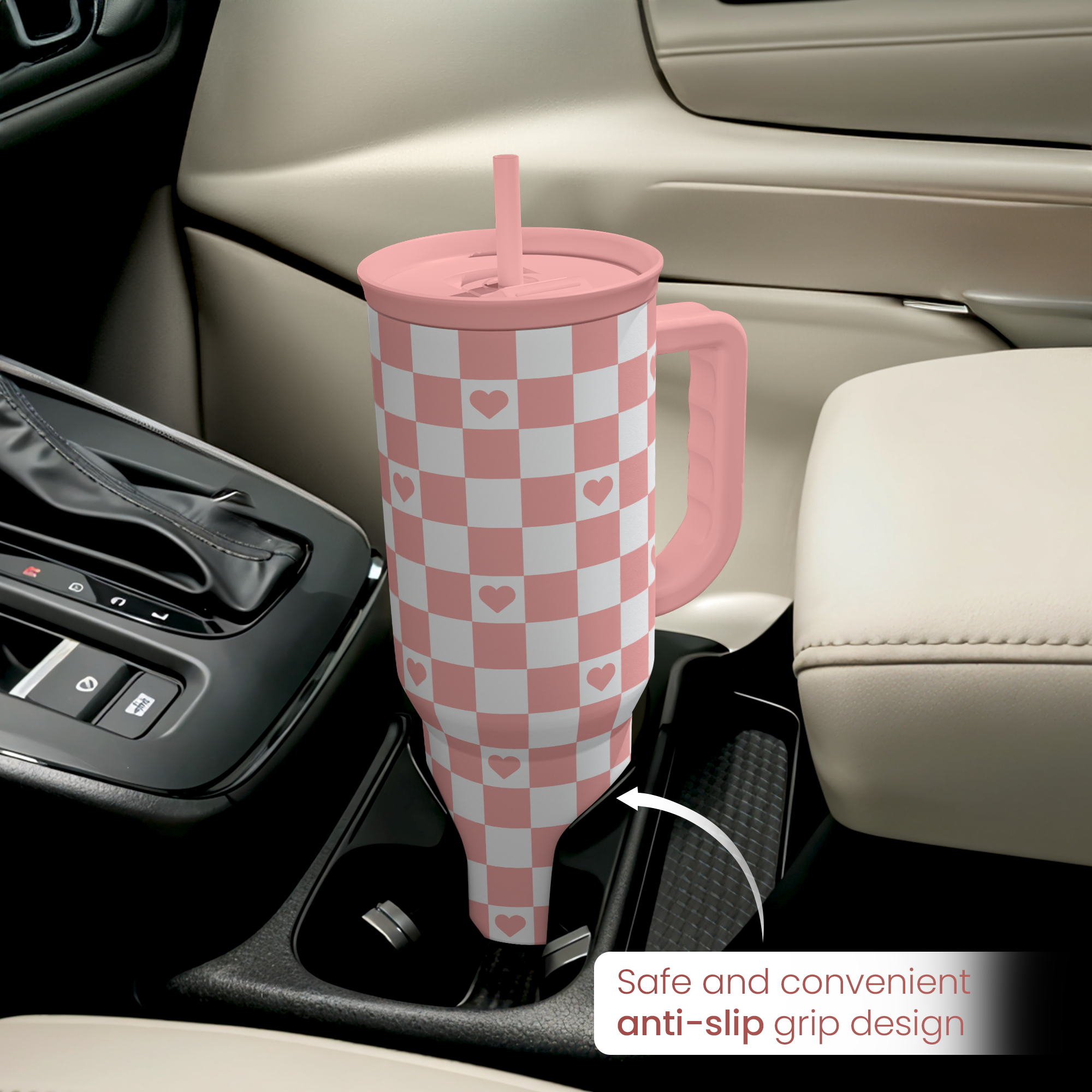 40oz Checkered and Heart Tumbler with Handle and Straw