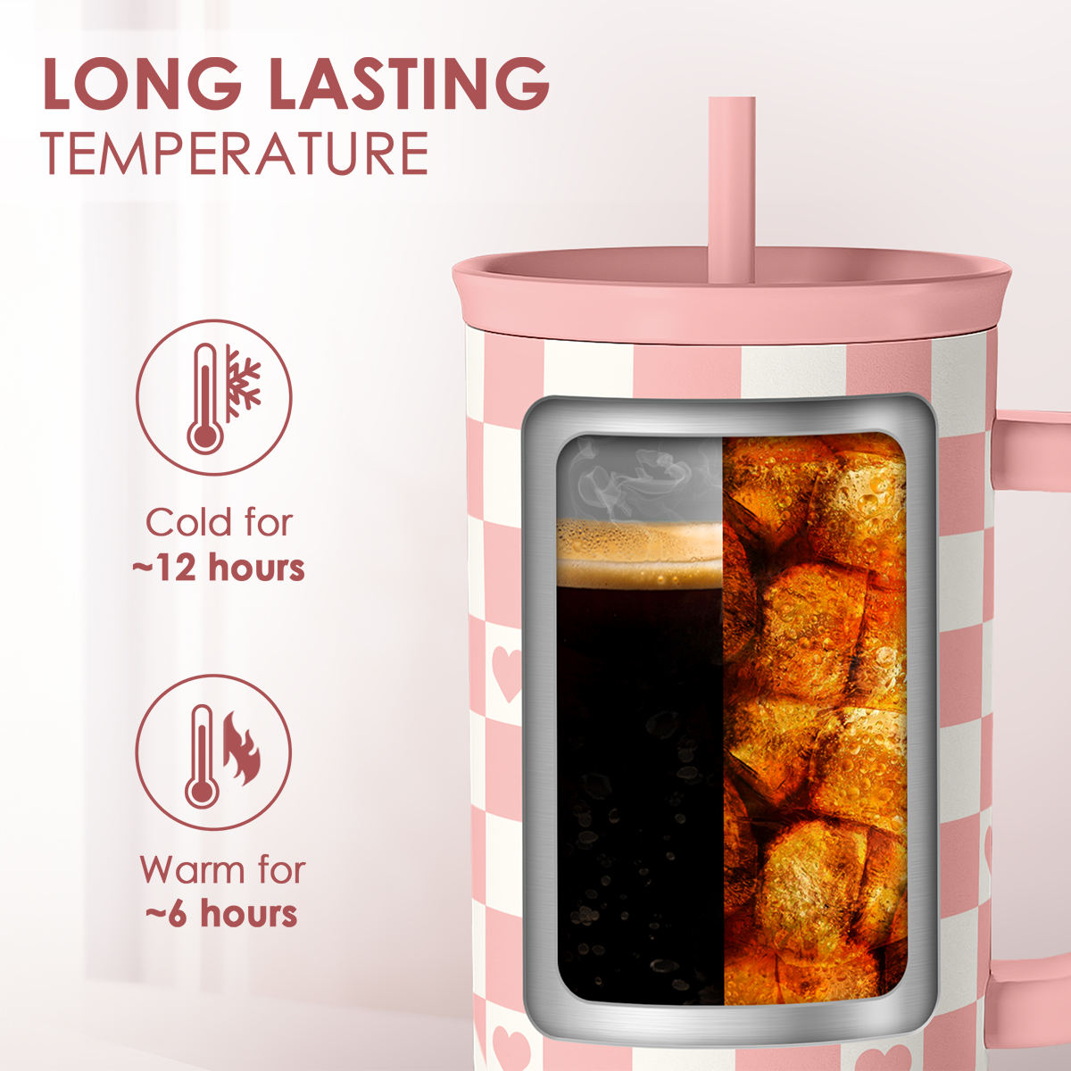 40oz Checkered and Heart Tumbler with Handle and Straw