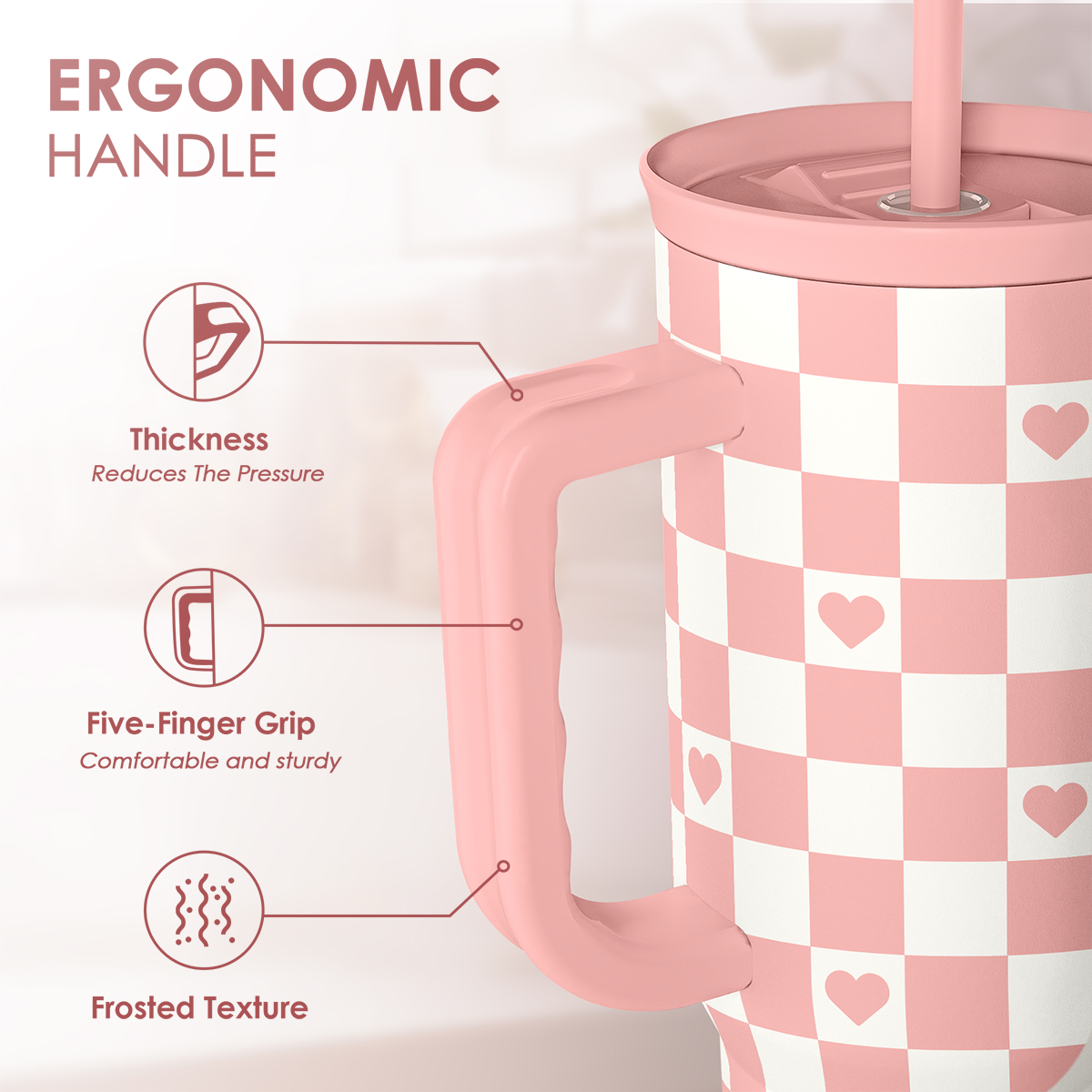 40oz Checkered and Heart Tumbler with Handle and Straw