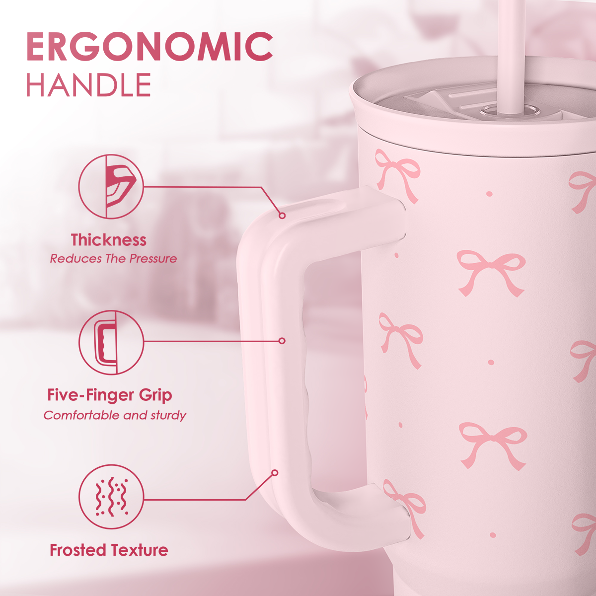 Coquette Bow Stainless Steel Tumbler with Handle, Travel Coffee Mug