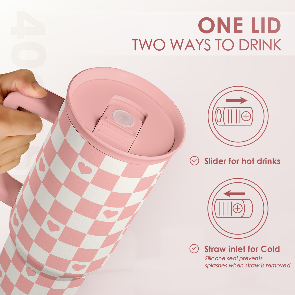 40oz Checkered and Heart Tumbler with Handle and Straw