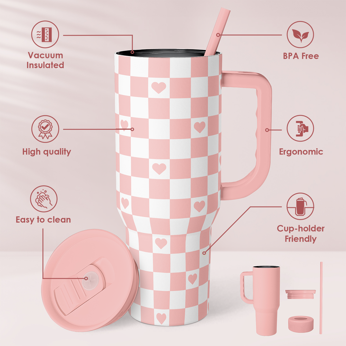 40oz Checkered and Heart Tumbler with Handle and Straw