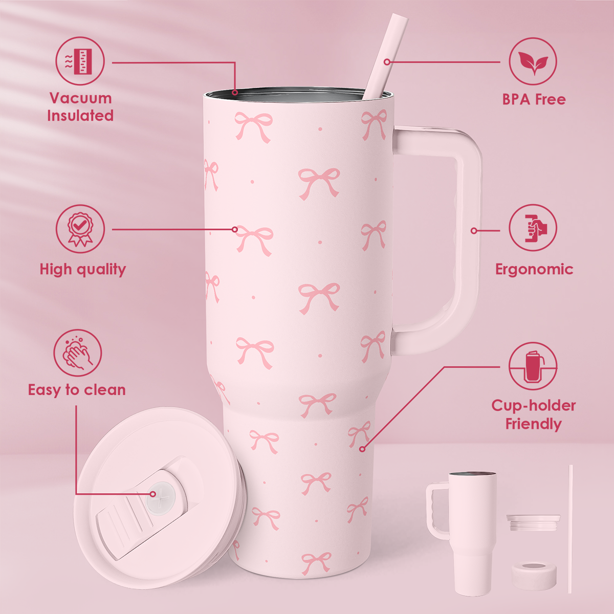 Coquette Bow Stainless Steel Tumbler with Handle, Travel Coffee Mug