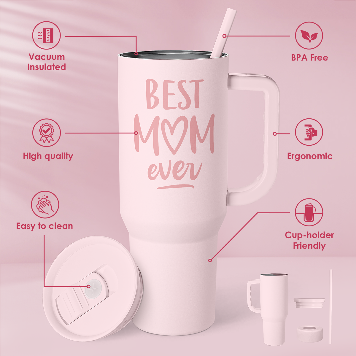 Best Mom Stainless Steel Tumbler with Handle, Travel Coffee Mug